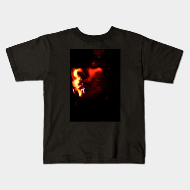 Special processing. Real Jesus was more dark and brutal, but yet so kind guy. Guy with little glowing cross on lip. Orange. Kids T-Shirt by 234TeeUser234